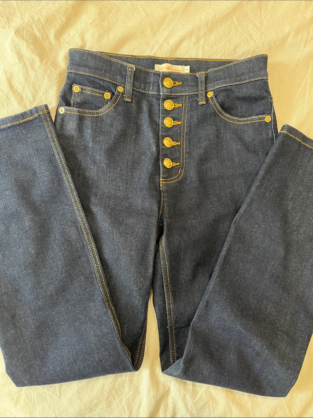 EUC Tory Burch High-Rise Button-Fly Jeans Gold Buttons stretch size 25